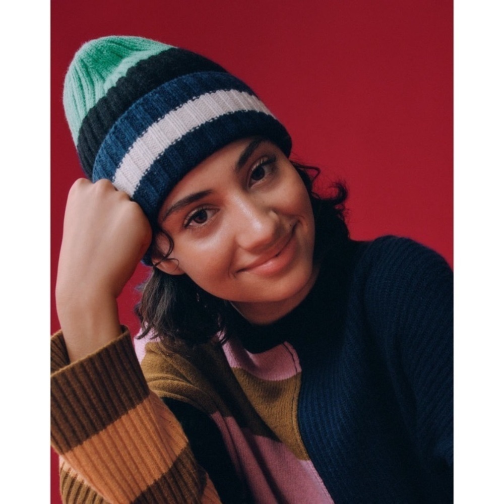 Everlane The Cashmere Unisex Beanie Bright Navy Multi Stripe NWT